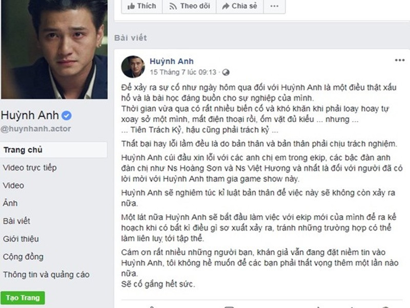 Ngay sau đó, Huỳnh Anh thanh minh, anh không nghe điện thoại từ ê-kíp vì quên không mang theo điện thoại khi nhập viện truyền nước. Ngoài ra, Huỳnh Anh thừa nhận anh quên mất lịch ghi hình do không có trợ lý. Nam diễn viên công khai xin lỗi ê-kíp vì không đến buổi quay. Ảnh chụp màn hình