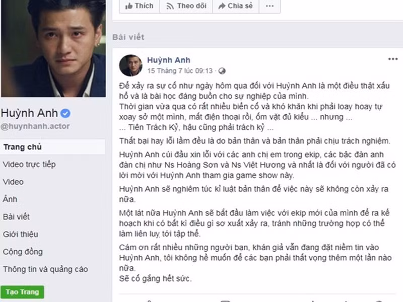 Ngay sau đó, Huỳnh Anh thanh minh, anh không nghe điện thoại từ ê-kíp vì quên không mang theo điện thoại khi nhập viện truyền nước. Ngoài ra, Huỳnh Anh thừa nhận anh quên mất lịch ghi hình do không có trợ lý. Nam diễn viên công khai xin lỗi ê-kíp vì không đến buổi quay. Ảnh chụp màn hình