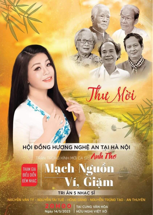 Theo Gia đình và xã hội, ông Nguyễn Công Khang - trưởng ban tổ chức chương trình Mạch nguồn Ví, Giặm vừa bức xúc thông báo vắng bóng ca sĩ Anh Thơ trong đêm diễn ngày 14/5/2023. Ông Khang cho biết, dù đã tập luyện, thu âm, khớp nhạc cùng chương trình suốt thời gian qua, đến chiều ngày 11/5, Anh Thơ gọi điện trình bày đủ lý do về sự vắng mặt này để đi biểu diễn ở một sự kiện khác. Ảnh: Gia đình và xã hội