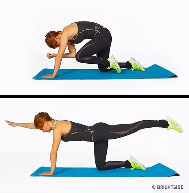 Tập cơ đùi và hông: Chống hai tay và đầu gối xuống sàn rồi duỗi thẳng chân trái và tay phải sao cho thành một đường thẳng, sau đó từ đưa cùi tay phải chạm vào đầu gối trái rồi lại duỗi thẳng ra. Đổi sang tay trái chân phải và thực hiện tương tự. Bài tập thay đổi vóc dáng này tốt cho phần thân trước và các cơ gập ở hông, ngoài ra còn làm khỏe cơ lưng, hai mông và eo. 