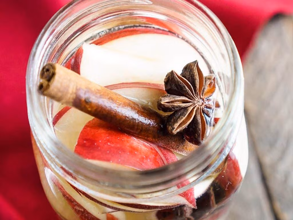  Nước dưa chuột táo cay: Cắt táo thành những miếng hình múi dày khoảng 7mm, thái mỏng dưa chuột, cho mật ong và một nhúm hạt tiêu đen xay. Cuối cùng cắm thêm 1 cây quế rồi cho vào tủ lạnh để qua đêm. Quế có đặc tính chống oxy hóa, chống nghẽn mạch máu và kháng khuẩn. 