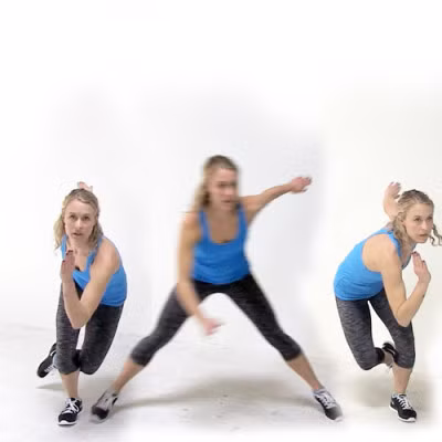 Hoặc bạn có thể thử cách kết hợp này: 60 giây thực hiện động tác burpee có chống đẩy, nghỉ 10 giây, 45 giây thực hiện động tác nhảy trượt băng, nghỉ 10 giây, 30 giây thực hiện động tác plank, nghỉ 10 giây. Trong ảnh là động tác nhảy trượt băng. Lặp lại 3 set. Mỗi bài tập ngắt quãng giảm cường độ thế này kéo dài 8 phút và đốt được từ 100-140 calo giữa hai lần nghỉ. 