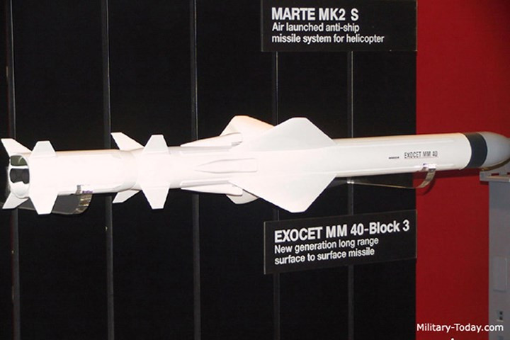 Exocet là tên lửa chống hạm tốc độ cận âm được giới thiệu lần đầu năm 1980 và được xuất khẩu đi nhiều nước trên thế giới. Ảnh: Military-Today.