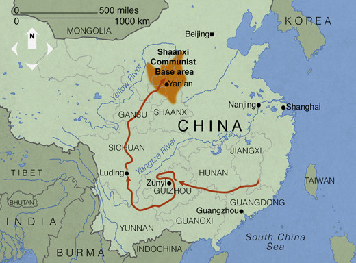 Bản đồ cuộc Vạn lý Trường Chinh trải dài từ vùng Quảng Đông, tới Tây Tạng rồi ngược lên hướng Bắc, tới tận Thiểm Tây mới kết thúc. Tổng cộng dài 12.000 km hay 25.000 dặm theo hệ đo lường cổ của Trung Quốc. Nguồn ảnh: Baidu.