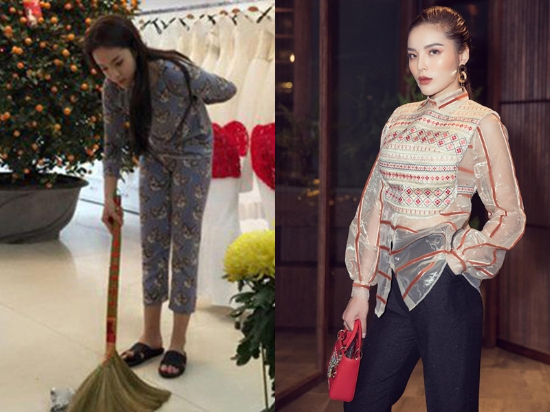 Với Hoa hậu Kỳ Duyên, lúc ở nhà cô thoải mái mặc đồ ngủ, đi dép lê nhưng khi xuất hiện trước công chúng, nàng hậu luôn diện đồ sang chảnh, trang điểm kỹ lưỡng.