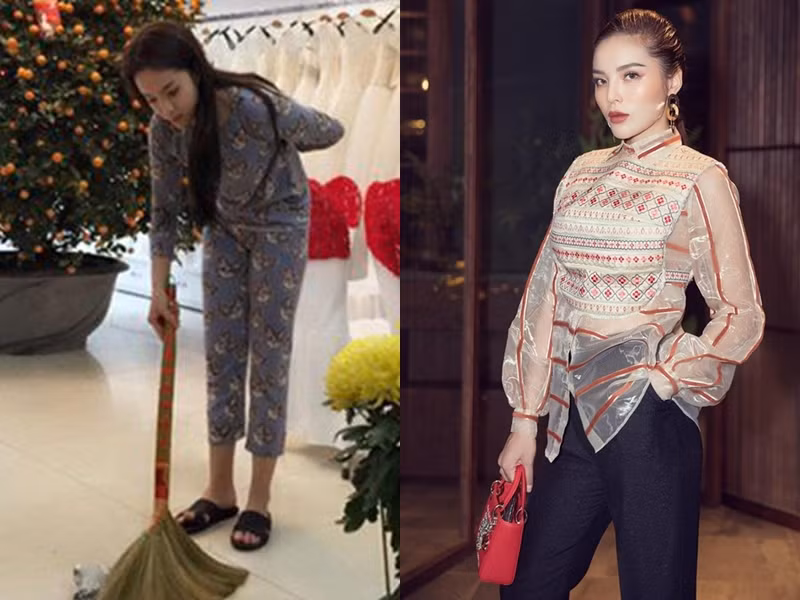 Với Hoa hậu Kỳ Duyên, lúc ở nhà cô thoải mái mặc đồ ngủ, đi dép lê nhưng khi xuất hiện trước công chúng, nàng hậu luôn diện đồ sang chảnh, trang điểm kỹ lưỡng.