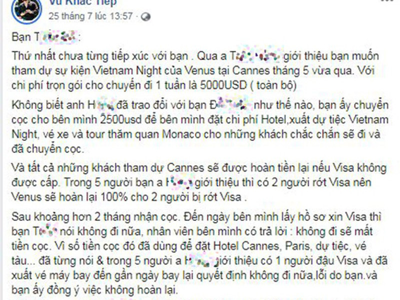 Khắc Tiệp đáp trả rằng tất cả mọi khách mời dự tiệc chỉ được trả lại tiền cọc nến bị trượt visa. Với trường hợp của cặp vợ chồng kia, cả hai không đi nên bị mất tiền đặt cọc.