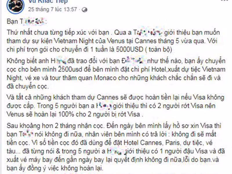 Khắc Tiệp đáp trả rằng tất cả mọi khách mời dự tiệc chỉ được trả lại tiền cọc nến bị trượt visa. Với trường hợp của cặp vợ chồng kia, cả hai không đi nên bị mất tiền đặt cọc.