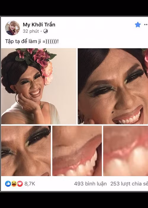 Đại Nhân cũng từng dở khóc dở cười khi Khởi My đăng tải hình ảnh anh giả gái được chụp bằng camera thường và cận cảnh gương mặt tới tận hàm răng.