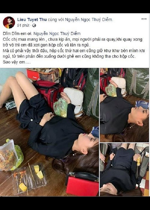 Nghệ sĩ Tuyết Thu không chỉ đăng ảnh Thúy Diễm nằm ngủ vô tư trong hậu trường mà còn ăn hết đồ ăn của đồng nghiệp.