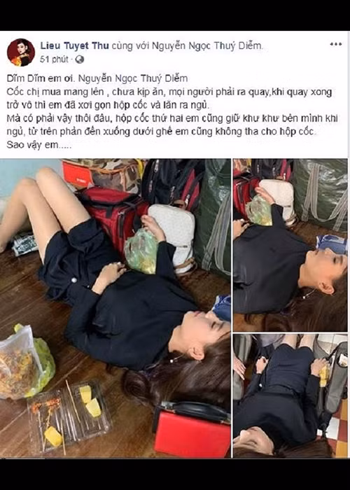 Nghệ sĩ Tuyết Thu không chỉ đăng ảnh Thúy Diễm nằm ngủ vô tư trong hậu trường mà còn ăn hết đồ ăn của đồng nghiệp.