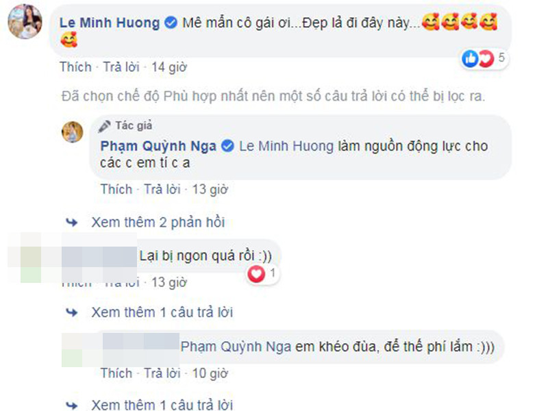Diễn viên Minh Hương để lại bình luận về hình ảnh của Quỳnh Nga: "Mê mẩn cô gái ơi. Đẹp lả đi đây này".