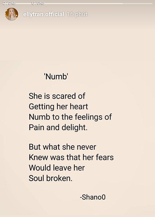 Bà mẹ 2 con tiếp tục đăng tải dòng tâm sự bằng tiếng Anh với nội dung: “Cô ấy sợ làm trái tim mình tê dại vì cảm giác đau đớn và vui sướng. Nhưng điều cô ấy không bao giờ biết là nỗi sợ hãi sẽ khiến tâm hồn tan vỡ".