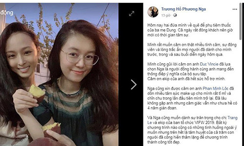 Phương Nga dường như không mấy bận tâm về màn tái xuất gây tranh cãi. Trên trang cá nhân, cô đăng tải hình ảnh vui vẻ bên Thùy Dung đồng thời gửi lời cảm ơn đến tình cảm của mọi người dành cho cô trước, trong và sau buổi diễn.