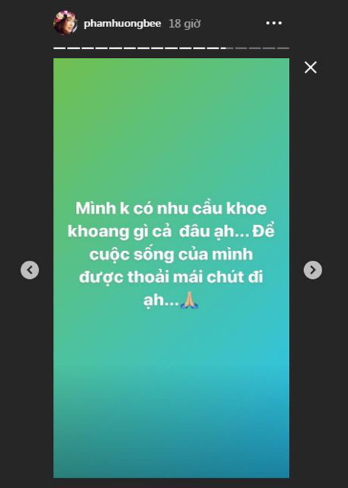 Phạm Hương lập tức đáp trả: "Mình không có nhu cầu khoe khoang gì cả. Để cuộc sống của mình được thoải mái chút đi".