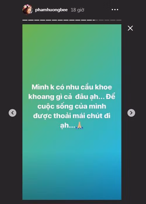 Phạm Hương lập tức đáp trả: "Mình không có nhu cầu khoe khoang gì cả. Để cuộc sống của mình được thoải mái chút đi".