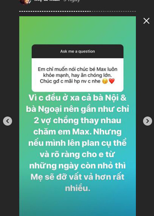 Người đẹp tiết lộ cô và ông xã thay nhau chăm sóc con trai.