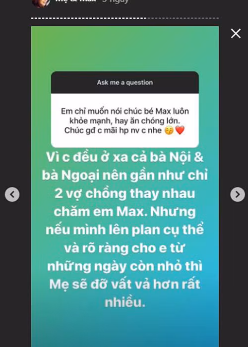 Người đẹp tiết lộ cô và ông xã thay nhau chăm sóc con trai.