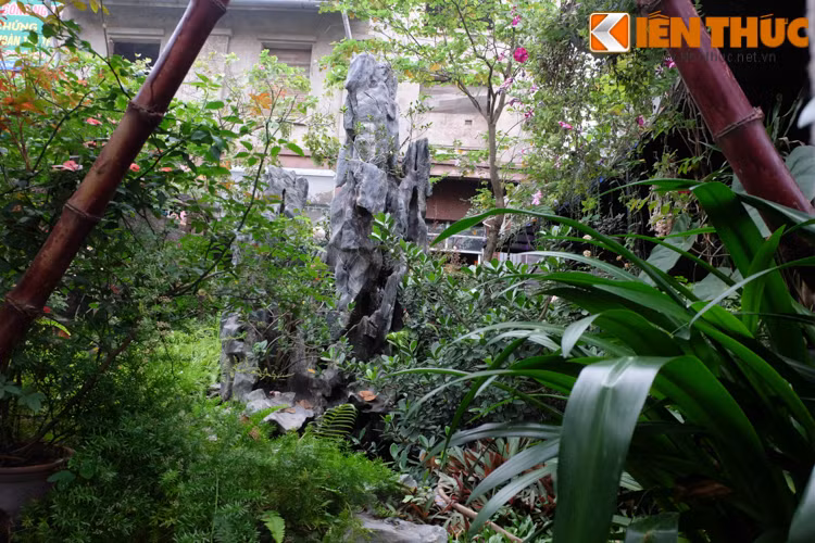 Hòn non bộ là điểm nhấn nổi bật trong khu vườn.