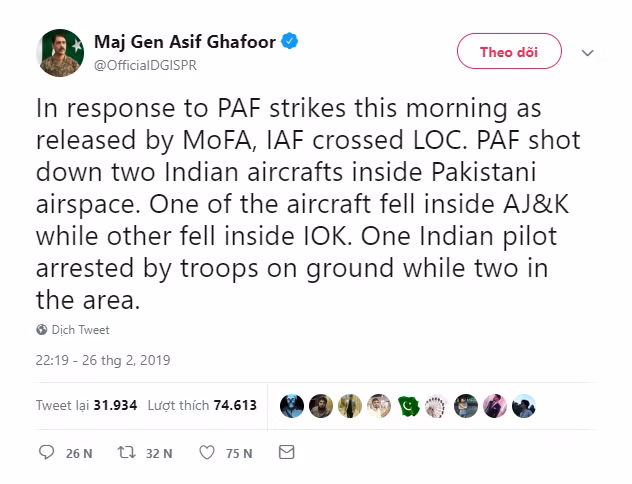 Nong: Pakistan ban roi chien dau co An Do, bat song phi cong