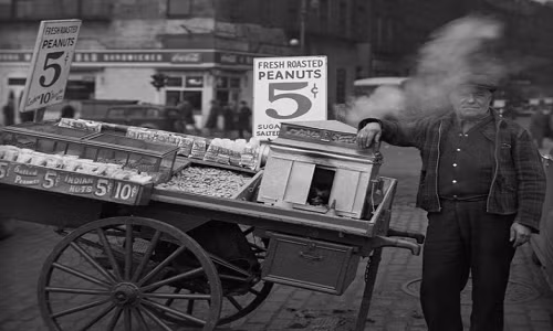 Người đàn ông bán đậu phộng ở Manhattan, New York, năm 1945. Ảnh: ATI.