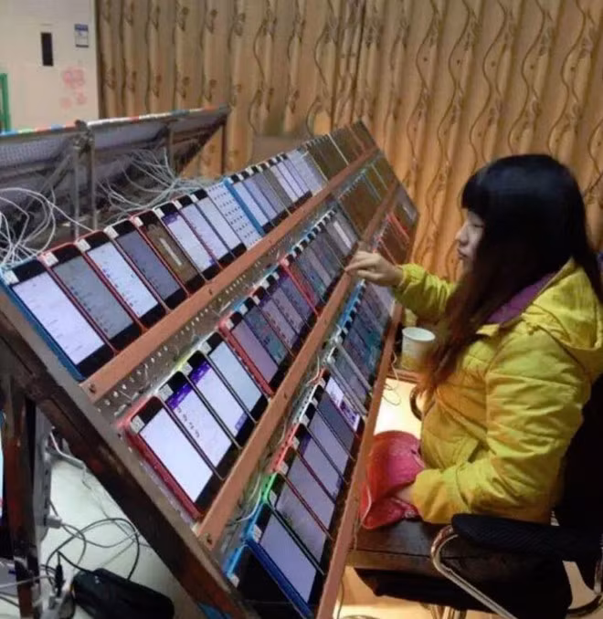 Để xây dựng một "trại cày view" như thế này tốn khá nhiều công sức và tiền. Họ cần tiền để mua hàng trăm điện thoại cũ, xây dựng hệ thống máy chủ, mua phần mềm. Bên cạnh đó, chủ "trang trại" còn phải mua tài khoản Apple xịn, tức là tài khoản đã có nhiều tương tác trên ứng dụng. Ảnh: Weibo.