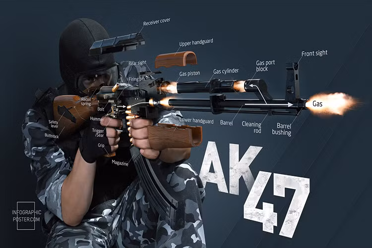 Như đã nói ở trên vật liệu chính cấu tạo nên AK-47 là thép và gỗ, do đó các chi tiết chính của súng đều được làm bằng thép. Nó sử dụng nguyên lý hoạt động với cơ cấu trích khí bằng piston với khối lùi tương đối nặng. Sau khi viên đạn bay ra khỏi nòng, piston sẽ trích lại một phần khí để đẩy bệ khóa nòng ra sau, bệ khóa nòng sau khi bị đẩy ra sau sẽ làm xoay thoi đẩy trước khi thoi đẩy đẩy nạp viên đạn tiếp theo vào ổ súng. Nguồn ảnh: Business Insider.