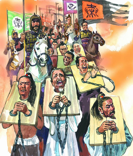 Đến năm 212 TCN, Tần Thủy Hoàng bị các phương sỹ che mờ mắt, bịa đặt nhiều chuyện không đúng sự thật dẫn đến việc ra quyết định sai lầm là “chôn nho” và giết hết các phần tử trí thức.