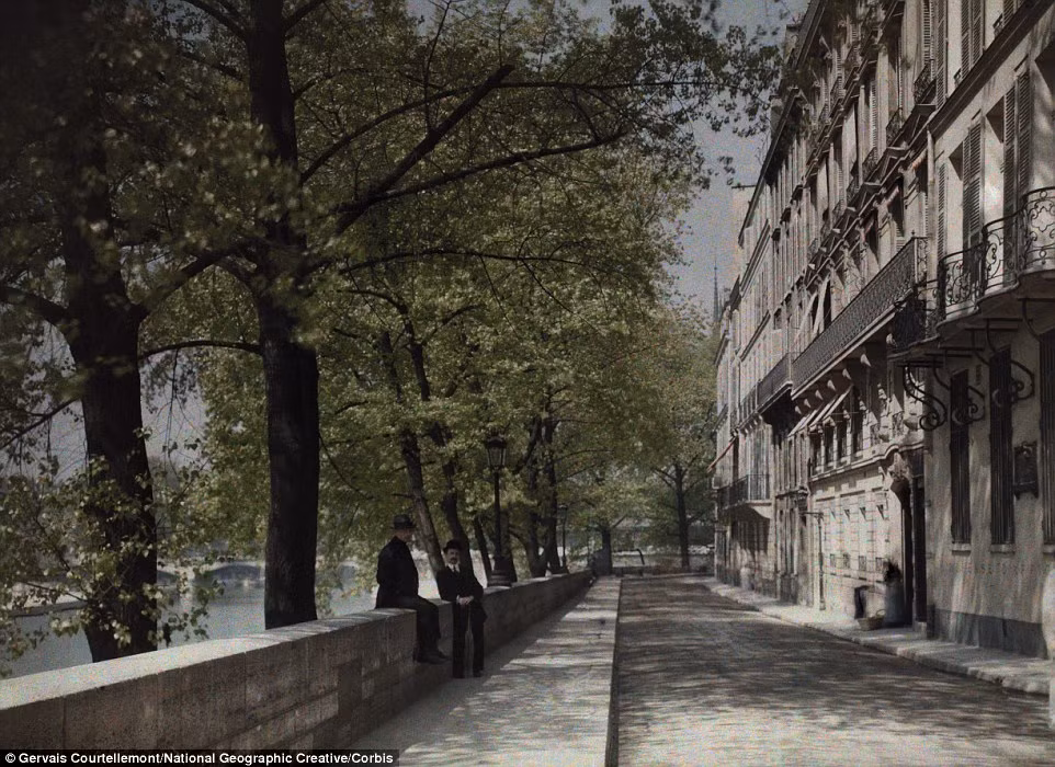 Khung cảnh thanh bình, êm đềm bên dòng sông Seine, với hàng cây xanh soi bóng xuống mặt nước.