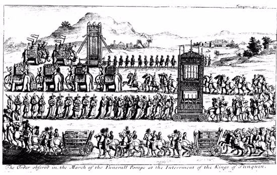 Quân đội thời Lê-Trịnh trong đám tang đương thời qua nét vẽ của người phương Tây. Ảnh: Trịnh Sinh.