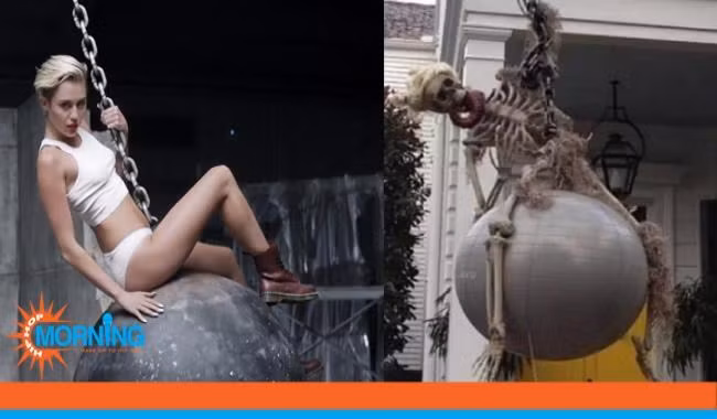 Miley Cyrus treo hẳn bộ xương ma quái này trước cửa nhà của mình trong lễ hội ma Halloween. Ảnh: Morning.