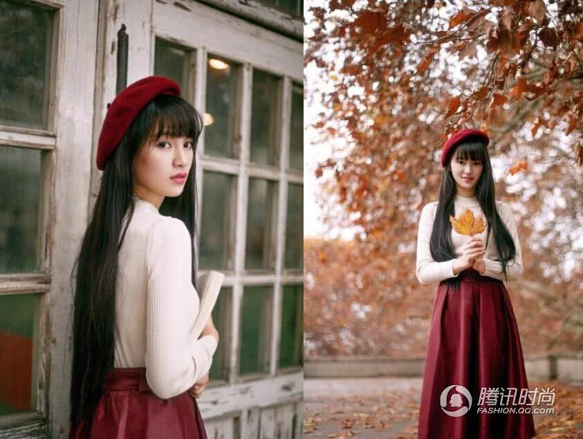 Chân váy đơn giản thêm một chiếc mũ đỏ ấn tượng khiến cô nàng mang vẻ đẹp cổ điển, quý phái.