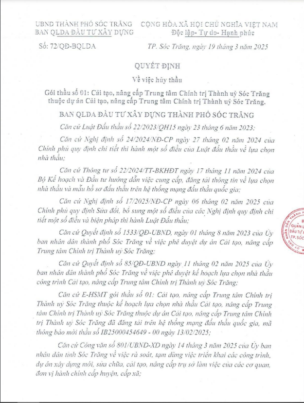 Vi sao huy goi thau cai tao, nang cap Trung tam Chinh tri Thanh uy Soc Trang?