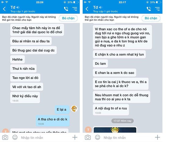 Những tin nhắn mà chị T. cho rằng anh Đ. đe dọa chị nhằm ý định tống tình.