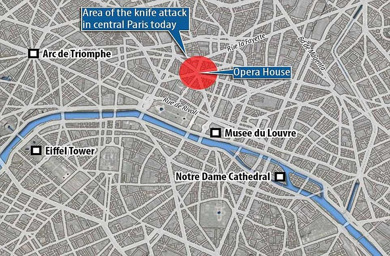 Theo Daily Mail, vụ đâm dao kinh hoàng ở Paris xảy ra tại quận Opera ở trung tâm thủ đô nước Pháp, gần nhà hát opera Garnier, vào ngày 12/5 (giờ địa phương). Ảnh: Daily Mail.