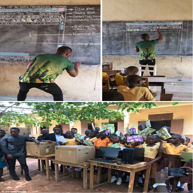 Sau khi bức ảnh chụp một thầy giáo viết phấn trên bảng để dạy học sinh cách sử dụng Microsoft Word (ảnh trên) được đăng tải trên mạng, ngôi trường này đã được quyên tặng rất nhiều máy tính từ khắp nơi trên thế giới.