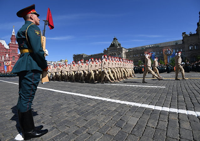Các khối thiếu sinh quân tham gia vào lễ duyệt binh hoành tráng kỷ niệm 73 năm Ngày Chiến thắng 9/5 tại Quảng trường Đỏ. Ảnh: Sputnik..