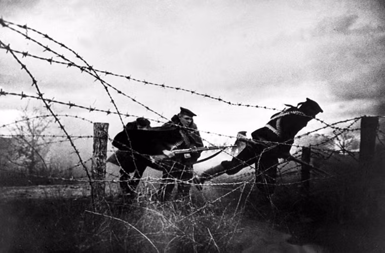 Lính thủy đánh bộ thuộc Hạm đội Biển đen Nga chạy qua hàng rào thép gai ngày 16/9/1943 trong một chiến dịch quân sự của Hải quân Liên Xô nhằm tái chiếm Novorossiysk từ tay Đức Quốc xã trong thời kỳ Chiến tranh Thế giới thứ hai.