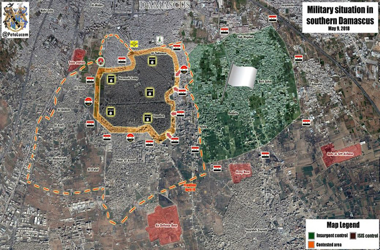 Hiện tại, phiến quân IS vẫn cố bám trụ tại những khu vực mà chúng chiếm quyền kiểm soát tại Nam Damascus. Ảnh: Bản đồ tình hình chiến sự tại Nam Damascus ngày 9/5. Ảnh: AMN.
