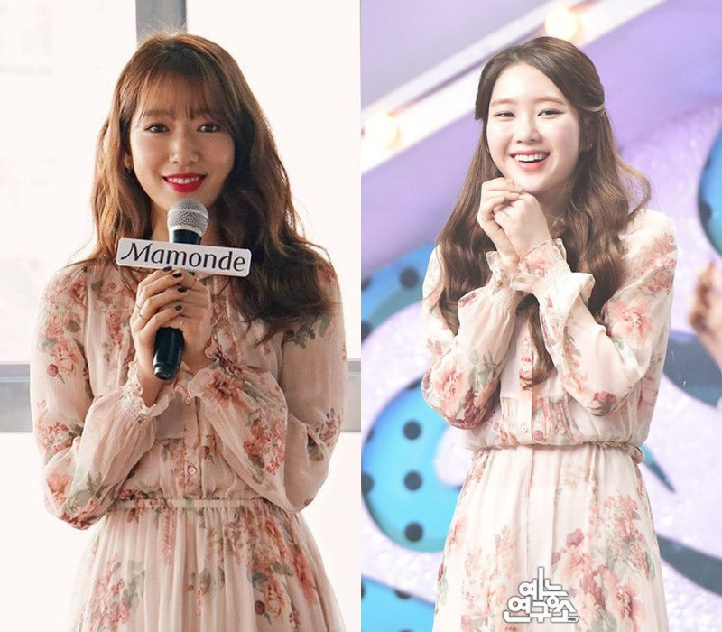 Park Shin Hye (trái) và Jiho (Oh My Girl) cũng không thoát khỏi "cơn sốt" chiếc váy đến từ nhà mốt Pháp.