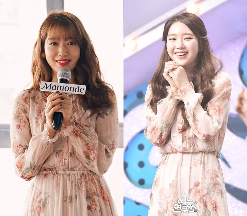 Park Shin Hye (trái) và Jiho (Oh My Girl) cũng không thoát khỏi "cơn sốt" chiếc váy đến từ nhà mốt Pháp.