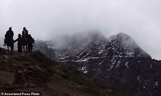 Một nhóm du khách cưỡi ngựa lên núi.