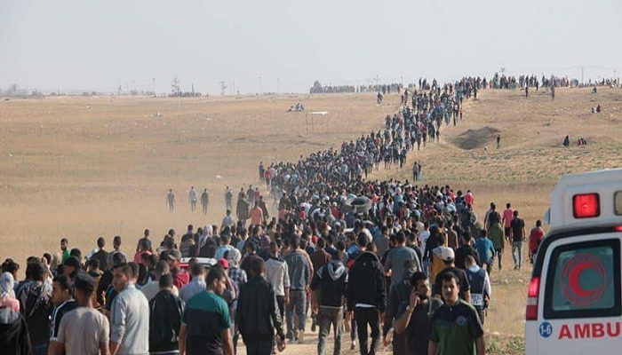 Sputnik đưa tin, hơn 10 nghìn người Palestine được cho là đã tham gia vào các cuộc biểu tình quy mô lớn tại Dải Gaza ngày 14/5. Ảnh: Twitter.