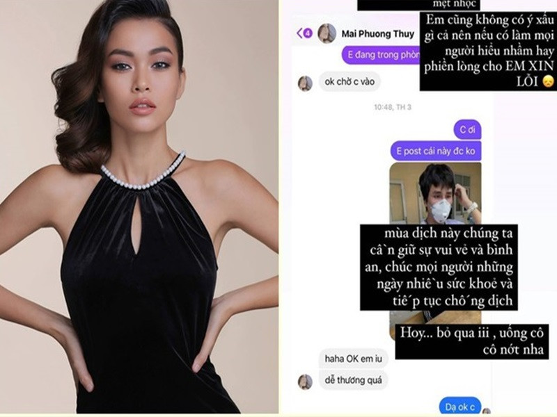 Tháng 8/2021, trong một clip, Á hậu Mâu Thủy trêu đùa Hoàng Phi Kha rằng Mai Phương Thúy có xét nghiệm dương tính. Nhiều người cho rằng trò đùa của Mâu Thủy kém duyên giữa mùa dịch. Giữa ồn ào, Mâu Thủy phân trần rằng cô không có ý xấu. Nàng á hậu còn chia sẻ cuộc trò chuyện được Mai Phương Thúy đồng ý về việc đăng tải clip. Ảnh: FB Mâu Thủy
