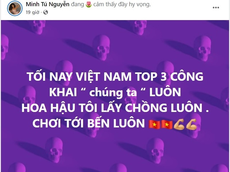 Trước đó, Minh Tú tuyên bố nếu Thùy Tiên lọt top 3 Hoa hậu Hòa bình Quốc tế 2021, cô sẽ công khai nửa kia còn nếu Thùy Tiên đăng quang, cô sẽ lấy chồng. Ảnh: Vietnamnet