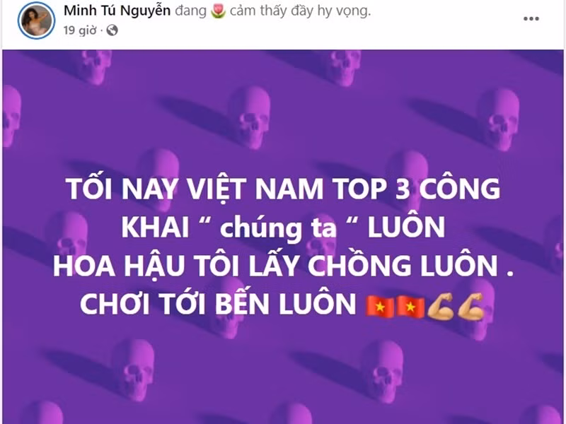 Trước đó, Minh Tú tuyên bố nếu Thùy Tiên lọt top 3 Hoa hậu Hòa bình Quốc tế 2021, cô sẽ công khai nửa kia còn nếu Thùy Tiên đăng quang, cô sẽ lấy chồng. Ảnh: Vietnamnet