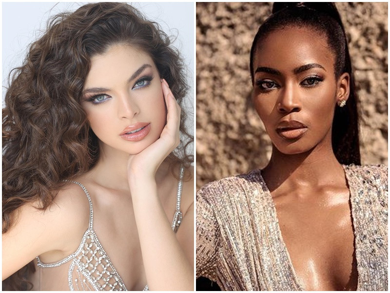 Nadia Ferreira - đại diện Paraguay (trái) giành danh hiệu á hậu 1 Hoa hậu Hoàn vũ Thế giới 2021 còn đại diện Nam Phi Lalela Mswane đoạt ngôi vị á hậu 2.