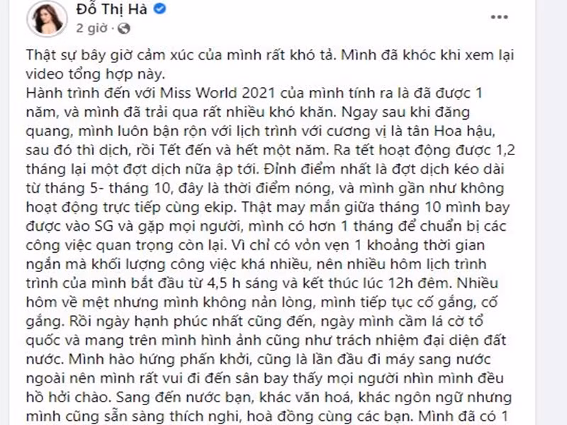 Sau khi chung kết cuộc thi bị hoãn, Đỗ Thị Hà tâm sự rằng trong 1 năm qua, cô luôn bận rộn với vai trò hoa hậu. Nhiều ngày lịch trình của cô bắt đầu từ 4-5h sáng đến 12h đêm mới kết thúc. Tuy có lúc mệt nhưng Đỗ Thị Hà không nản lòng. Ảnh: chụp màn hình
