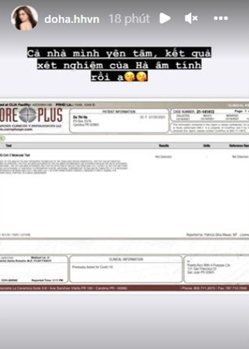 Mới đây, người đẹp gốc Thanh Hóa chia sẻ, cô vừa có kết quả xét nghiệm âm tính. Ảnh: chụp màn hình