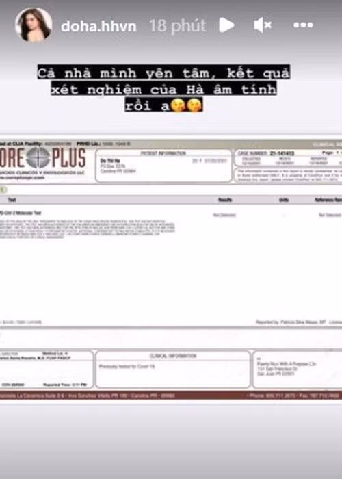 Mới đây, người đẹp gốc Thanh Hóa chia sẻ, cô vừa có kết quả xét nghiệm âm tính. Ảnh: chụp màn hình